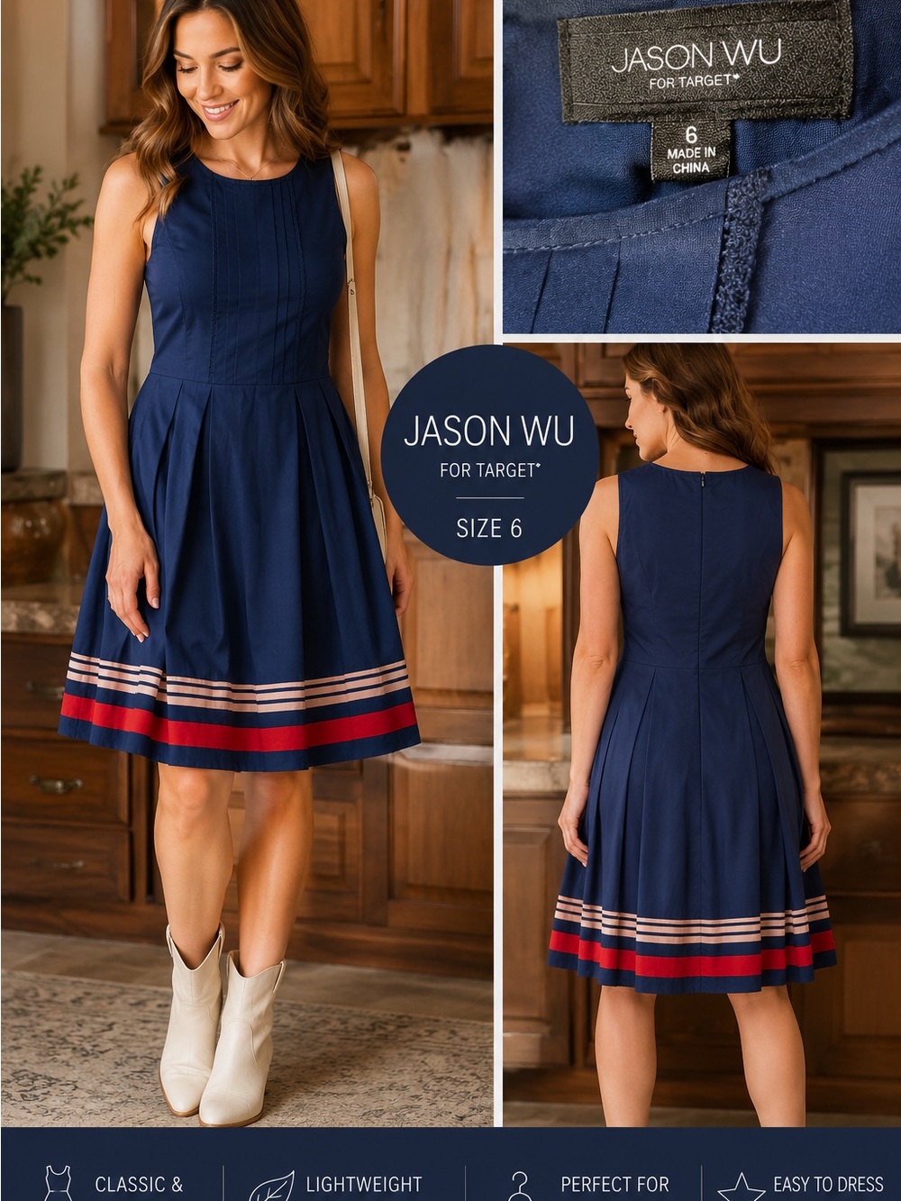 Jason Wu Navy Sleeveless Fit-and-Flare Midi Dress with Red and Cream Stripe Hem